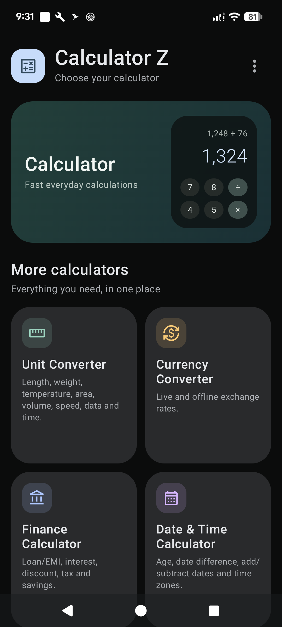 Calculator Z home screen showing the calculator suite